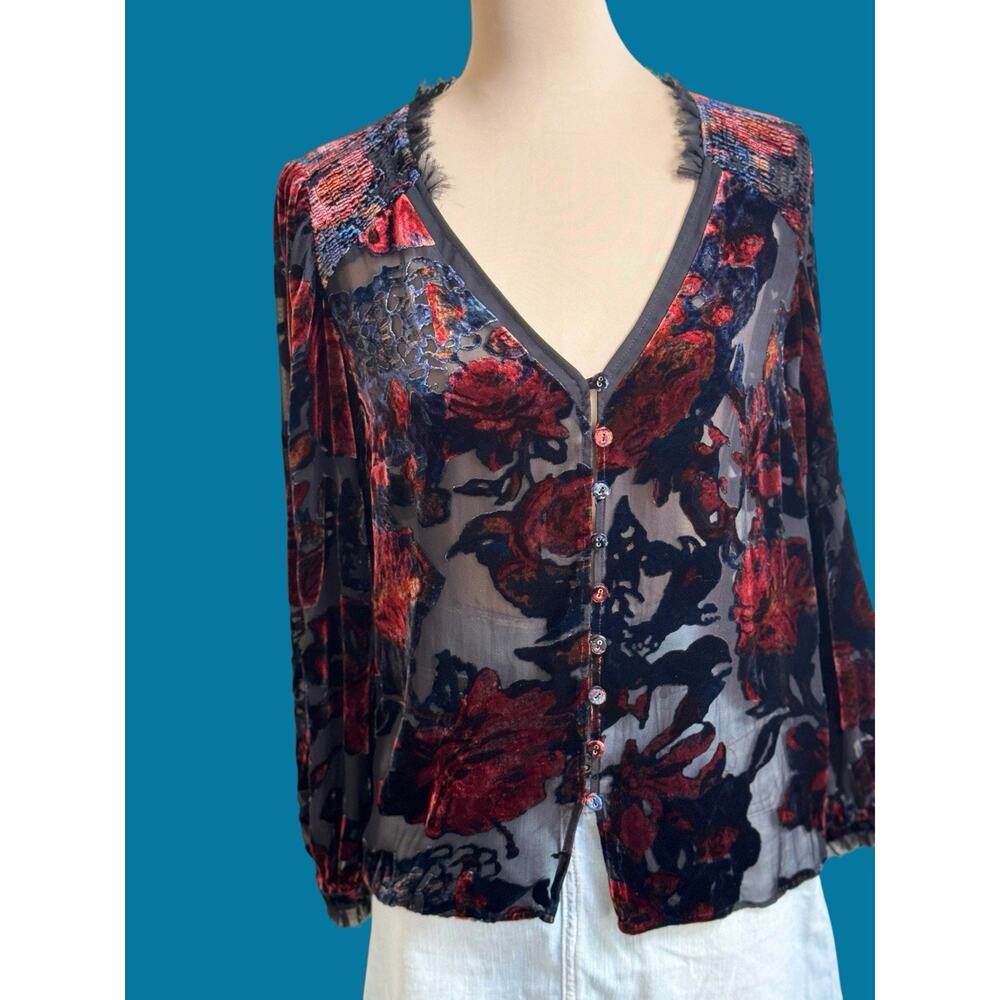 Sundance Primula Velvet Burnout Floral Blouse Silk Blend Size Medium Boho Goth - Picture 8 of 15